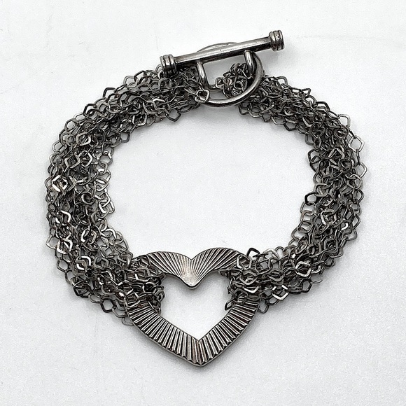 Vintage Jewelry - Vtg Sterling Silver Multi Strand Textured Heart Toggle Clasp Bracelet 7.5”